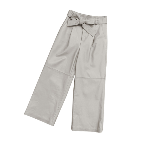 1607 French Chic Sheep-skin Wide Leg Trousers With Bow Belt Genuine Leather Fashion Loose Pants