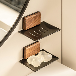 Walnut Wood Soap Dish Wall Mounted Rectangular Space Aluminum Drain Soap Box For Bathroom Sink - Product Image 1