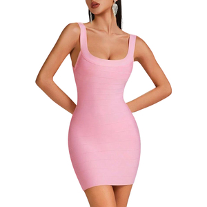 Mini-robe d'été décontractée pour <span class=keywords><strong>femme</strong></span>, style débardeur, col carré, à rayures, moulante, sexy, taille naturelle, pour invitée de mariage, rose et noir - Product Image 4