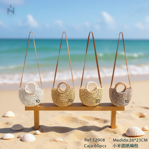 Petit sac en papier tissé semi-circulaire 26x23cm, sac à bandoulière pour femme, style plage d'été - Product Image 3