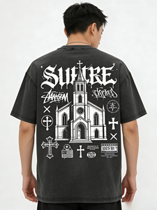 T-shirt oversize vintage noir délavé avec motif croix gothique et religieuse, streetwear unisexe à manches courtes - Product Image 2