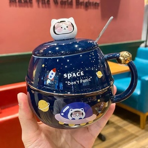 Tasse à café japonaise en céramique rose, avec couvercle et cuillère, en céramique, kawaii planètes, vente en gros - Product Image 5