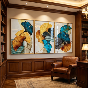 Modern Custom Glitter Gold Teal Ginkgo Leaf 3 Panel Wall Art <b>Framed</b> Abstract Living Room LED Crystal Porcelain <b>painting</b> Decor - Product Image 3