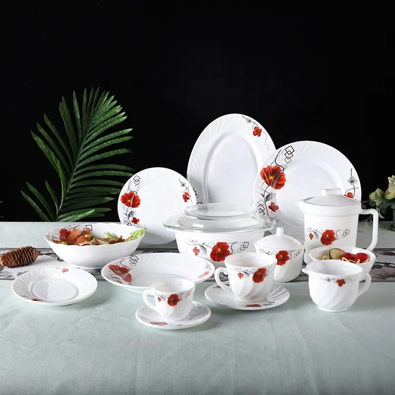 Dinnerware Tableware Customer Design 58pcs Decal Opal Glass Dinnerware Flat Plate Tableware Dinner Lunch Plate Bowl Cup Mug Opal Glass Dinner Set