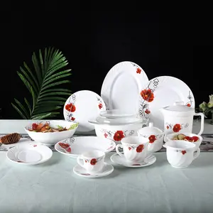 Customer design 58pcs aufkleber opal glas geschirr flache platte geschirr abendessen mittagessen platte schüssel tasse becher opal glas dinner set