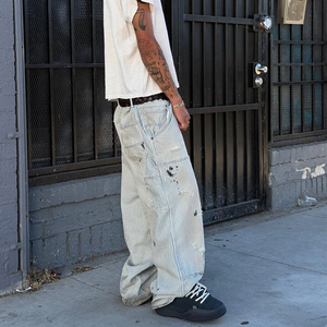 <span class=keywords><strong>Jeans</strong></span> Homme Personnalisés à Rayures Fines Style Urbain, Coupe Large, Double Genou, Denim Oversize, Rayures Bleues et Blanches, Jean Baggy pour Homme - Product Image 4