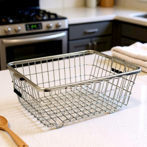 Panier de rangement rectangulaire en fil d'acier inoxydable avec poignées, organisateur moderne en métal pour comptoirs de cuisine - Product Image 1