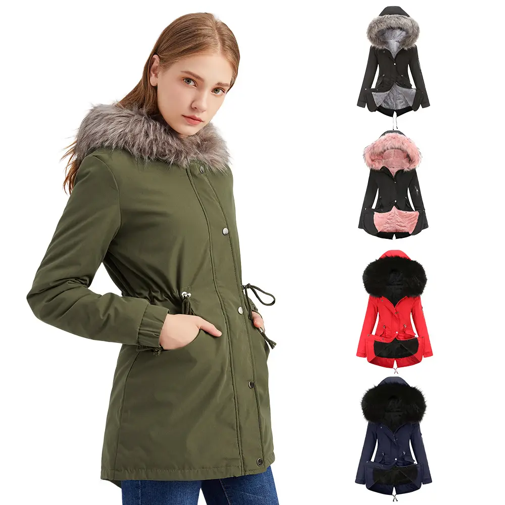 Custom Verwarming Nieuwe Stijl Legergroen Winter Dames Bont Vrouwen Kleding Parka Gewatteerde Puffer Jas