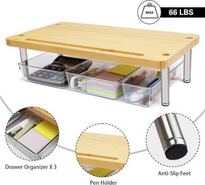 Alzata del supporto del Monitor, supporto di bambù del Monitor per la scrivania con <span class=keywords><strong>3</strong></span> cassetti, organizzatore della scrivania del <span class=keywords><strong>Computer</strong></span> con la memoria per il <span class=keywords><strong>Computer</strong></span> portatile - Product Image 4