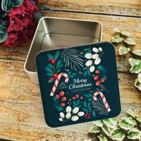 Boîte en métal carrée personnalisée avec impression numérique, finition mate blanche, design Gnome, pour emballage cadeau de biscuits et baklava