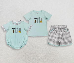 Sibling Baby Boys Embroidery Tools Top Checked Pockets Short <b>Clothes</b> Set Rompers - Product Image 1