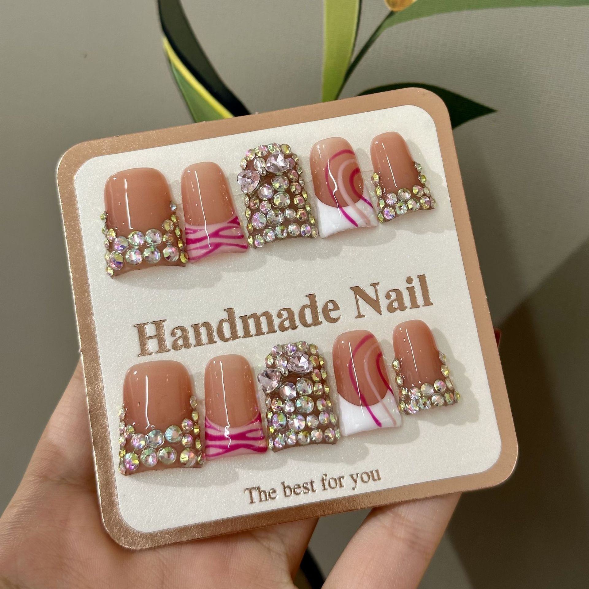 Hot Sale Wholesale 10pcs Handmade Pink French Manicure 3D Carved Flowers Design Duckbill Handmade Sweet Cool Press on Nails