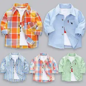 Nuevos niños y niñas primavera otoño bebé algodón a rayas 1-7 años abrigo de manga larga niños camisa de vestir a cuadros para niños