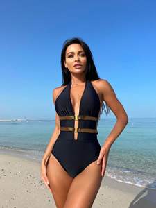 Traje de Baño Bikini con Escote Profundo en V para Mujer, con Ribete Dorado, Halter, Cintura Alta, Push-Up, Sólido, 100% Poliéster, Transpirable, Antibacteriano - Product Image 6