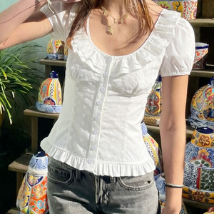 Blusa de Manga Corta con Volantes y Textura de Encaje, Estilo Veraniego, Nueva, Linda y Femenina, para el Día a Día o Citas - Product Image 3