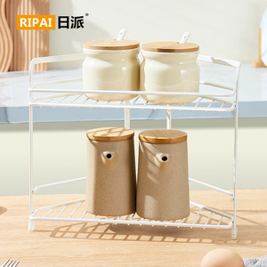 Japanese Style <b>Kitchen</b> Storage <b>Rack</b> Double Layer Corner Shelf With Handle For Condiments And <b>Spices</b> Home Wrought Iron Organizer - Product Image 2