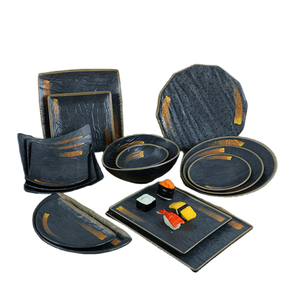 Bộ Đồ Ăn Giá Rẻ Bán Buôn Bộ Đĩa Sushi Màu Vàng Đen Nhật Bản Đĩa Melamine Bộ Đồ Ăn - Product Image 1