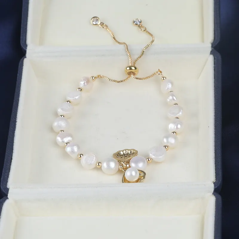 8-9mm White Real Freshwater Baroque Pearl 14K Gold Plating Adjustable Bracelet For Women