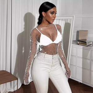 Moda mujer desgaste cuello redondo manga larga <span class=keywords><strong>Camiseta</strong></span> Top mujer Sexy diamantes <span class=keywords><strong>de</strong></span> imitación Fishnet blusa interior camisa <span class=keywords><strong>de</strong></span> fondo verano - Product Image 2