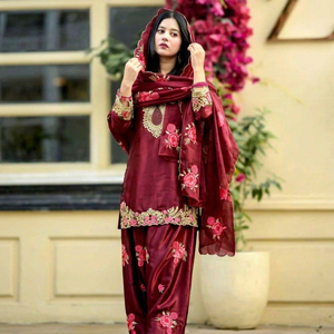 Embroidered Salwar Kameez Set Japan Satin Floral Sequin Work Outfit Women Pakistani Indian Clothing - Product Image 1