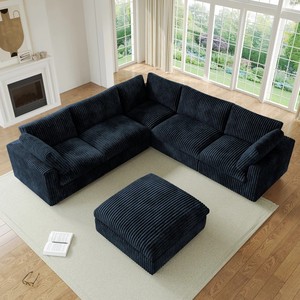 Canapé d'angle en tissu velours noir NOVA, canapé en forme de L pour salon, avec ottoman, salon moderne pour appartement - Product Image 2