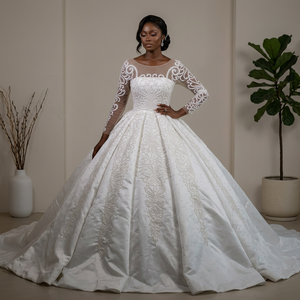 Princess Modern <b>Wedding</b> Dress Romantic Ball Gown Backless Beaded Appliques Long Sleeve Chapel Train Floor-Length Lsbh28 - Product Image 1
