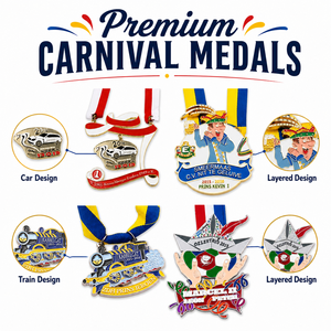 Médaille <span class=keywords><strong>de</strong></span> carnaval personnalisée en gros, plaquée or irrégulière, émail 3D 2D, motifs dessin animé, voiture, <span class=keywords><strong>train</strong></span>, bouffon, ruban, pour festivals européens - Product Image 5