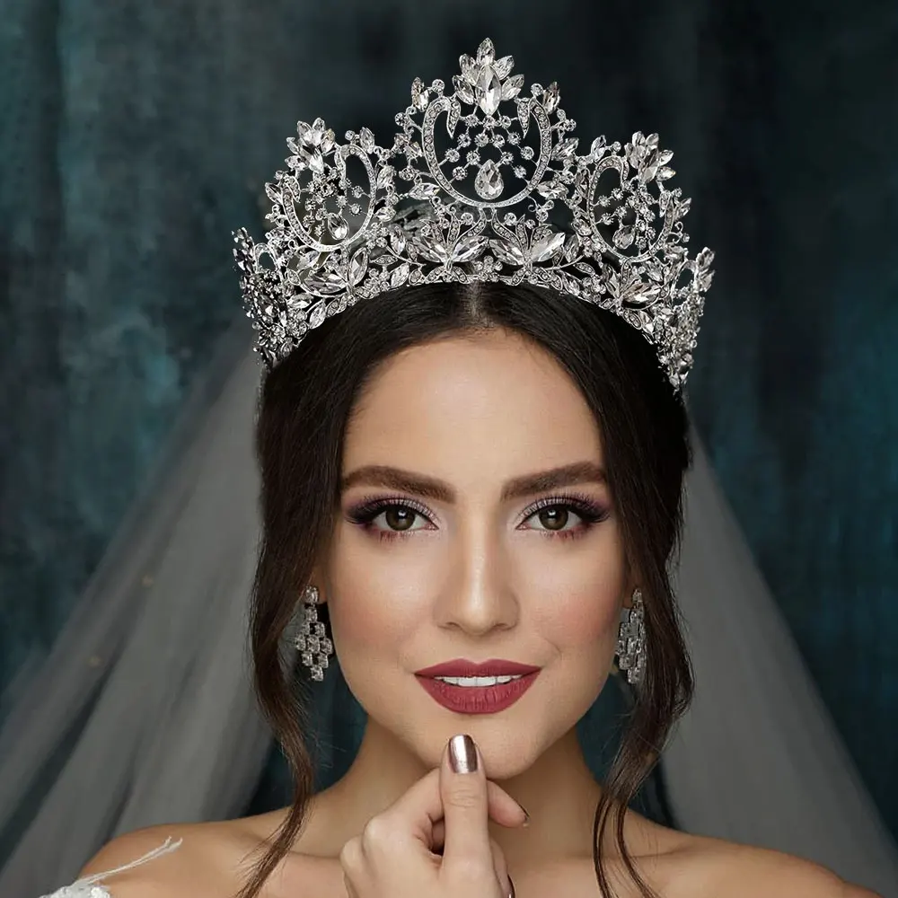 Aksesori rambut pengantin gaya Eropa dan Amerika, mahkota besar kristal pengantin mewah