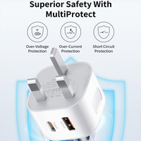 Chargeur mural pour téléphone portable à charge rapide, mini prise UK 20W PD double port USB type C, matériau ABS