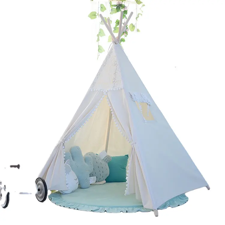 CE Approved Wholesale Kids Cotton Canvas Teepee Children's Plain White Tipi Tents with Mat