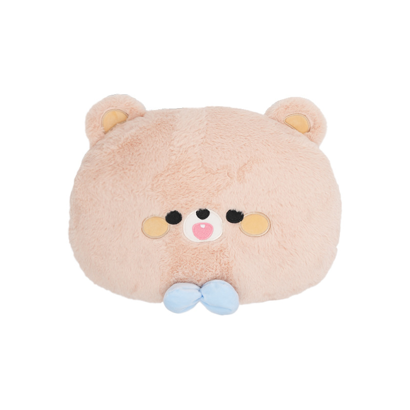 Repose-taille rond en fourrure de lapin avec nœud brodé et motif ours.