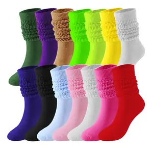 Mode blanc coloré tricoté coton froissé épais long genou haut équipage femmes chaussettes slouch