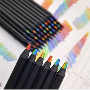 Crayons en bois promotionnels noirs ronds - Crayons de couleur arc-en-ciel pour l'école et les fournitures de bureau - Product Image 4