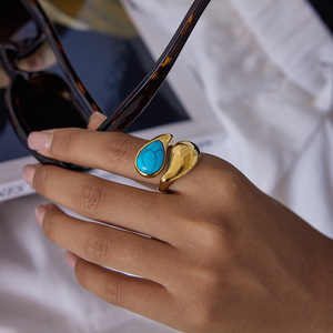 Anello Mirawell alla Moda in Pietra Naturale a Forma di Goccia, Anello Aperto in Acciaio Inossidabile Placcato Oro 18K, <span class=keywords><strong>Anelli</strong></span> Chunky in Acciaio Inossidabile - Product Image 4