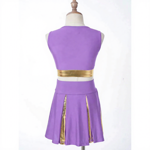 Purple <b>Gold</b> Color Blocked Cheerleading Uniform Set Sleeveless Glitter Crop Top and <b>Pleated</b> <b>Skirt</b> - Product Image 4