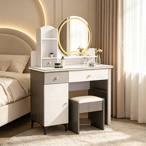 Modern Makeup <b>Vanity</b> With <b>Lighted</b> Oval Mirror Storage Drawers Bedroom Dressing Table With Stool - Product Image 6