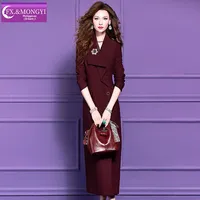Robe de costume rouge sur mesure FMY Factory pour femmes avec volants, robe mi-longue à simple boutonnage pour les déplacements professionnels, 67964