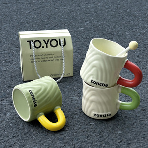 Concise Ceramic <b>Mug</b> Pink Blue Handle Letter Print Minimalist Design Office Home Use Gift Cup - Product Image 3