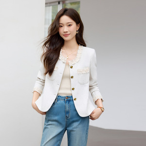 Chic Short Blazer With Lace Trim Light Green Solid Color Woven Polyester Women's Jacket Autumn 2025 French Style Top - Product Image 2