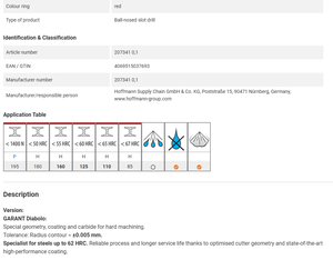 DIN 6535 HA H6, OEM, Matériaux durs 62 HRC, 0.1mm R0.05 2F H7 TiSiN, Foret à rainurer à bout sphérique Diabolo Garant 207341 0,1 Anneau rouge - Product Image 4