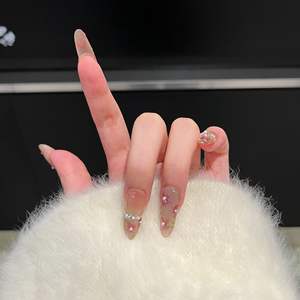 Uñas postizas artesanales de presión, largas, ovaladas, nude, francesas, efecto ojo de gato transparente, pintadas a mano, efecto espejo mágico, con pequeñas flores. - Product Image 3