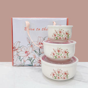 गर्म बिक्री फूल सिरेमिक चावल कटोरे ताज़गी कटोरे तीन-टुकड़ा उपहार बॉक्स उपहार सेट खाद्य भंडारण कंटेनर सिरेमिक कटोरे ढक्कन के साथ सेट - Product Image 2