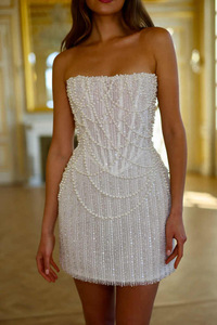 Impresionantes vestidos de novia cortos de encaje con lentejuelas y perlas, sin tirantes, atractivos minivestidos de novia personalizados, Vestido De Noiva - Product Image 6