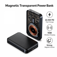 Nouvelle batterie externe transparente en verre trempé 10000 mAh, charge rapide sans fil 15 W, banques d'alimentation magnétiques sans fil