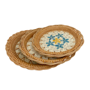 Handwoven <b>Round</b> Rattan Serving <b>Trays</b> with Mosaic Floral Centerpiece for Rustic Home Decor or <b>Table</b> Display - Product Image 2