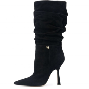 Bottes élégantes pour femmes, sexy, d'hiver, plissées, à bout pointu, à talons carrés hauts, mi-hautes, pour l'extérieur, chaussures habillées tendance pour femmes - Product Image 4