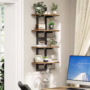 Étagères murales <span class=keywords><strong>de</strong></span> cuisine rustiques en bois à 2 niveaux, support <span class=keywords><strong>de</strong></span> rangement mural industriel flottant avec 6 crochets pour organiser les ustensiles - Product Image 4