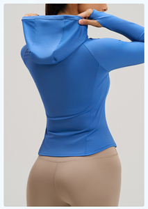 Damen Kapuzenjacke mit Reißverschluss, Seitentaschen, Daumenlöchern, Schlanke Kurze Schnelltrocknende Yoga-Laufjacke, Fitness-Mantel in 4 Farben Erhältlich - Product Image 3