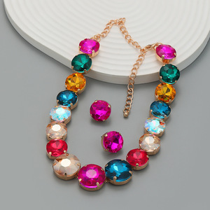 Collier en or avec strass multicolores, grand cristal incrusté, chaîne délicate pour clavicule, pour femmes - Product Image 3