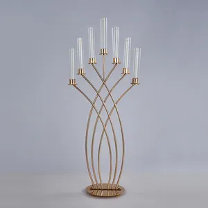 Tempat Lilin Lantai Logam 7 Lengan, Tempat Lilin Emas untuk Dekor Tengah Candelabrum Pernikahan